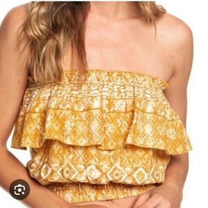 ROXY Mustard Yellow Ruffle Bandeau Top Size XS New With Tags Beach Summer